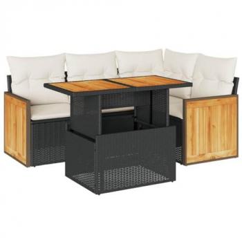 5-Piece Black Poly Rattan Acacia Garden Sofa Set with Cushions