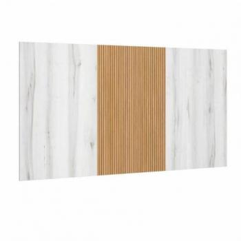 Cabecero de cama Arles en melamina blanco y roble rayado, dimensiones 159 cm de ancho