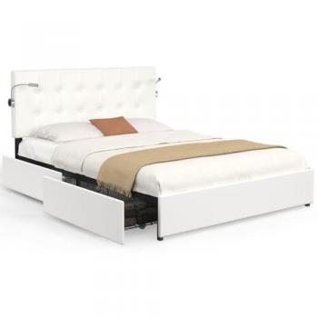 Cama Doble MAEL 140 x 190 cm con Cabecero Tapizado en PVC Blanco, Lámparas de Lectura Integradas y Base con 2 Cajones sobre Ruedas