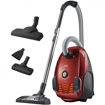 AEG VX6-2-CR-A Aspiradora de Trineo Con Bolsa, 800 W de Potencia, Ruedas 360º, Filtro Lavable Especial Alergias, Radio de acción de 9m, 77dB de Ruido, Cepillo Mascotas, Cepillos Suelos Duros, Rojo