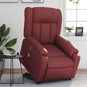 Silla de elevación reclinable de vino de cuero rojo con función de masaje, elevable eléctricamente, tapizado en cuero artificial rojo tinto