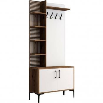 Mueble de entrada multifuncional Dmora, consola con perchas, 90x35h200 cm, efecto madera nogal y blanco