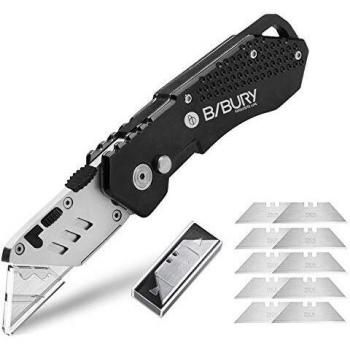 Bibury Cuchillos utilitarios, cuchillo plegable portátil, versión actualizada Cúter, con 10 cuchillas de acero inoxidable SK5, cortador de alfombra de papel retráctil