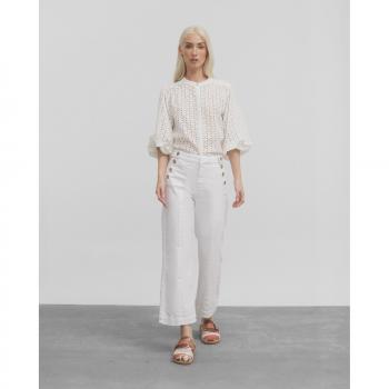 Silbon - Pantalón denim marinero blanco para mujer, Pantalón culotte de mujer de tiro medio con botones decorativos