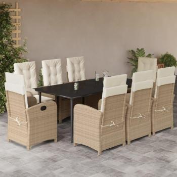 9-Piece Beige Poly Rattan Garden Dining Set with Cushions