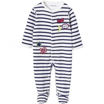 VERTBAUDET Pijama de terciopelo para bebe con automáticos delante Azul Marino A Rayas NACIMIENTO - 50CM