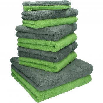 Betz Juego de 10 Toallas Premium 100% algodón 2 Toallas de baño 4 Toallas de Lavabo 4 Toallas de tocador 2 Manoplas de baño Color Verde Manzana y Gris Antracita