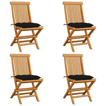 Teak Wood Garden Chairs Set with Black Cushions - 4 Pieces