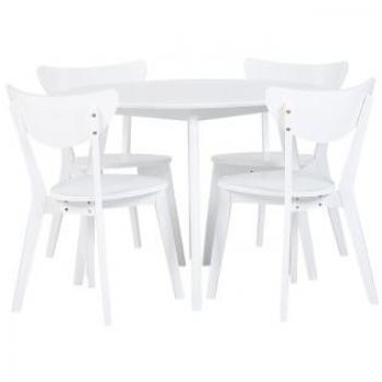 Juego de Comedor Mesa Redonda MDF Blanco y 4 Sillas con Patas de Madera Estilo Escandinavo Roxby