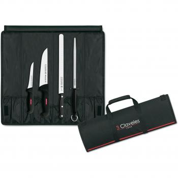 3 Claveles Set de 3 Corte de Jamón Profesional, Incluye Cuchillo Carnicero, Deshuesador y Jamonero Alveolado, Chaira y Estuche Portacuchillos, Tela, Negro, 0 cm