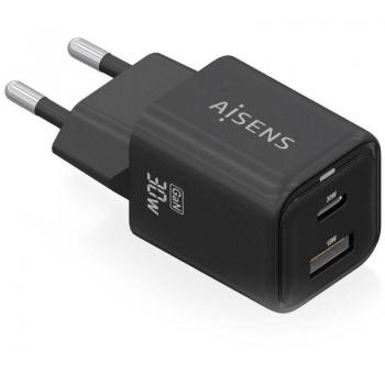 Cargador GAN de Pared Aisens ASCH-30W2P021-BK, 1xUSB Tipo-C, 1xUSB, 30W, alta eficiencia energética, tecnología AI para carga rápida, múltiples protecciones