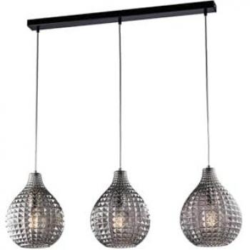 Lámpara de suspensión moderna de 3 luces en hierro negro y vidrio espejado gris con efecto cristal