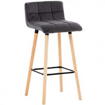 Taburete de Bar Lincoln en Terciopelo Gris con Respaldo y Reposapiés, Altura 75 cm, Estructura de Madera