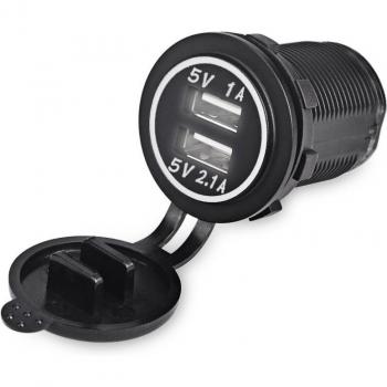 Toma de Alimentación USB Doble 12V-24V para Coche, Moto, Camión y Barco con Carga LED - Cargador de 2.1A/1A