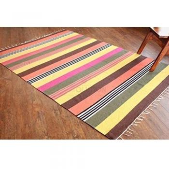 Alfombra de tejido reversible tejido 100% algodón orgánico con tintes vegetales. Estampado a rayas multicolor. Tapete. Medidas: 150x210cm