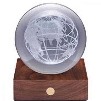 Gingko Amber Crystal 3D Laser Engraved World Globe Table Lamp with Touch Control and Walnut Base