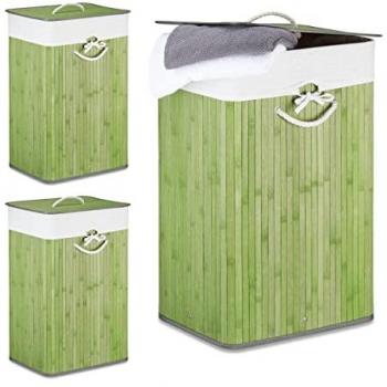 Cestos de Ropa Sucia Plegables de Bambú con Tapa, Rectangulares, 3 Unidades, 83L, Verde