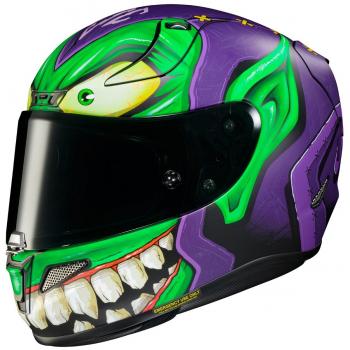 Casco HJC RPHA 11 Green Goblin Marvel (MC48SF) - Lila, diseño inspirado en el personaje de Marvel, construcción ligera, sistema de ventilación avanzado, visera anti-rayaduras y tratamiento antivaho, interior desmont