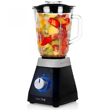 Batidora de vaso Orbegozo con jarra de cristal de 1 L de capacidad, cuchilla con recubrimiento de Titanio, 2 velocidades + TURBO, función pica hielo, LED azul y potencia de 500 W