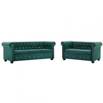 vidaXL Set de Sofás Chesterfield 2 Pzas Terciopelo Verde Asiento Sillón Silla
