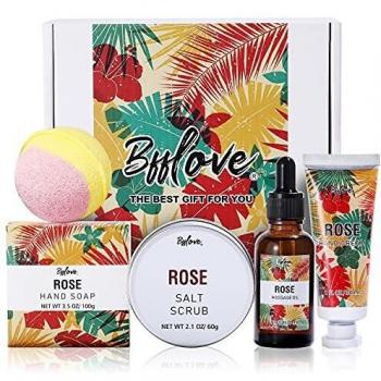 BFFLOVE Caja de Regalo para Mujer, Cesta de Regalo de Spa a Rosa, Regalos Originales para Mujer, Regalo de Cumpleaños para Ella, Set de Baño Incluye Aceite de Masaje, Sal Exfoliante, Jabón