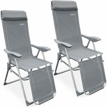 Set de 2 Sillas Plegables de Aluminio con Respaldo Alto Reclinable y Función de Tumbona - Color Gris