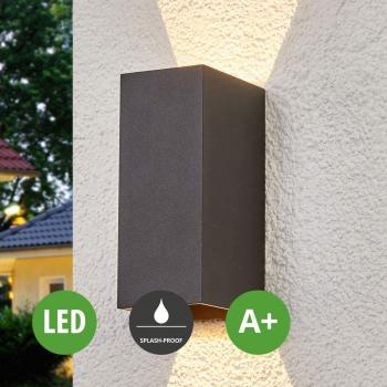 Aplique LED de exterior Lucande Mikka de dos llamas, moderno, color negro, fabricado en aluminio