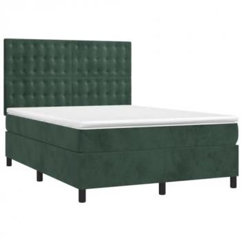 Cama box spring colchón y LED terciopelo verde oscuro 140x200cm