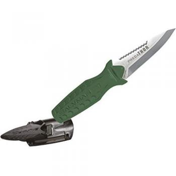Cuchillo Salvimar Predathor Verde y Plateado con características de diseño ergonómico, hoja de acero inoxidable, mango antideslizante, longitud total de 23 cm, ideal para pesca submarina y actividades acuáticas