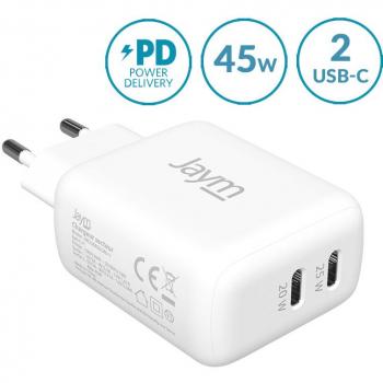 Cargador de red rápido dual USB-C 45W PD y PPS Blanco