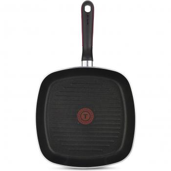 Sartén Grill Tefal Comfort Grip de Aluminio 26 x 26 cm, Antiadherente con Extra de Titanio, Apto para Todas las Cocinas Excepto Inducción, en Negro Esmaltado