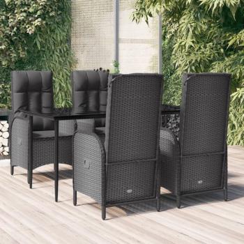 5 Piece Black Poly Rattan Garden Dining Set with Cushions