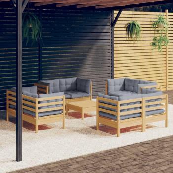 9-Piece Pinewood Garden Lounge Set with Gray Cushions
