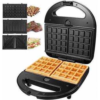 OSTBA Gofrera, Sandwichera 3 en 1, Parrilla para gofrera bocadillos hamburguesa y Panini Grill 3 Extraíble placas, 750 W, Acero Inoxidable, Termostato Ajustable, Negro con Asas de Cool Touch
