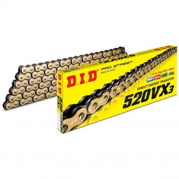Cadena de transmisión D.I.D 520VX3 X-Ring 108 eslabones Oro y Negro con unión a remache