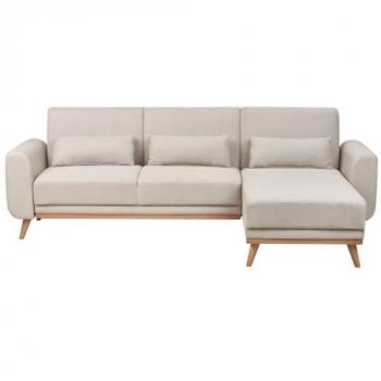 Sofá Cama Esquinero Moderno de Poliéster Beige Claro con Patas de Madera Clara y Cojines Adicionales Lado Izquierdo Ollsta