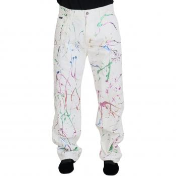 Dolce & Gabbana White Cotton Color Splash Print Denim Pants - IT48 | M