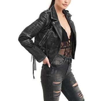 trueprodigy Casual Mujer Marca Chaqueta De Cuero Autentica Ropa Retro Vintage Rock Vestir Moda Moto Verano Manga Larga Slim Fit Designer Fashion Jacket, Colores:Black, Tamaño:M