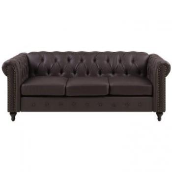 Sofá Chesterfield 3 Plazas en Piel Sintética Marrón Oscuro con Patas de Madera y Acabado de Tachuelas