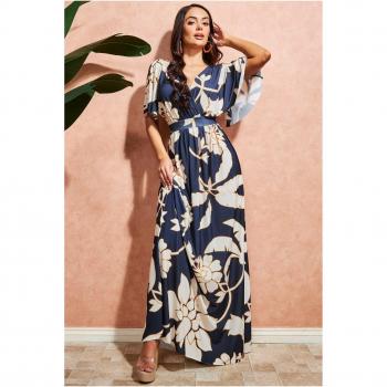 Goddiva Leaf Print Flutter Sleeve Maxi Dress - Navy
