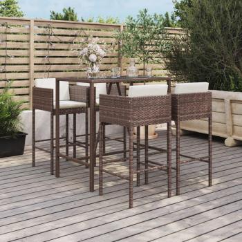 5-Piece Brown Poly Rattan Garden Bar Set with Cushions