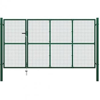 vidaXL Puerta Valla Metálica Jardín Acero Anticorrosión Verja Llave Cerradura 2 Paneles Rejilla + 2 Postes Integrados Vallado Cercado Verde 350x175 cm