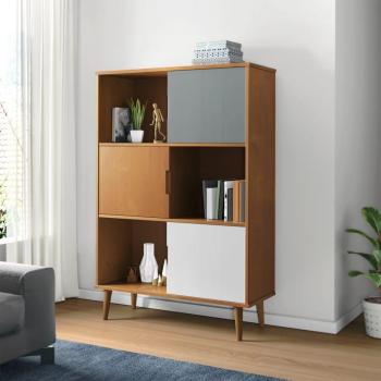Librería MOLDE madera maciza de pino 90x35x133,5 cm Marrón/Blanco/Gris Mueble Almacenaje Estantería para Oficina, Estudio, Dormitorio