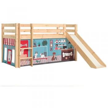 Cama Alta Vipack Pino con Tobogán y Textil Pet Shop, 90x200 cm, Madera de Pino, Hecho en Europa