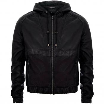 Infinity Leather Vintage Black Hooded Bomber Biker Jacket 2XL