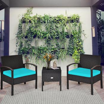 Turquoise 3-Piece Patio Rattan Furniture Set with Adjustable Height Recliner Chaise Lounge and Cushion