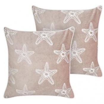 Conjunto de 2 cojines cuadrados de terciopelo rosa con motivo de estrella de mar, 45 x 45 cm, relleno de poliéster