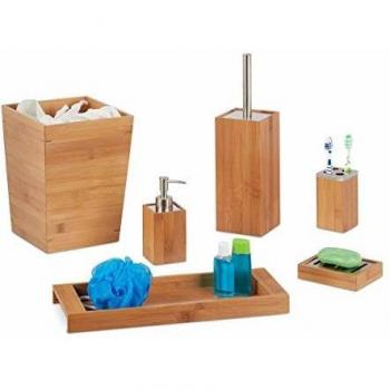 Set de Accesorios de Baño 6 Piezas Bambú, Dispensador de Jabón, Jabonera, Portaescobillas, Vaso para Cepillos y Cubo Natural