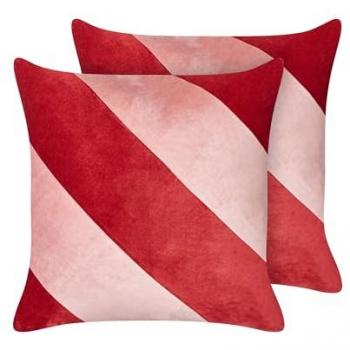 Conjunto de 2 cojines decorativos de terciopelo a rayas rojo y rosa con fundas extraíbles 45 x 45 cm Boronia