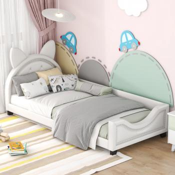 Cama infantil 90x200cm con barandillas de seguridad y somier, acolchada en polipiel blanca con diseño orejas de conejo; Cama de matrimonio de lino con almacenaje 146x217